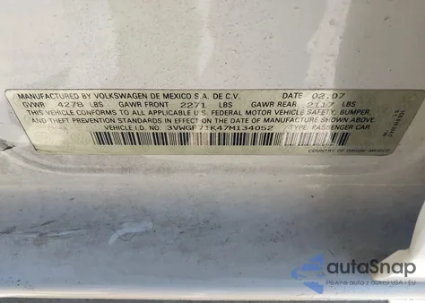 2007 Volkswagen Jetta from USA, damaged, VIN 3VWGF71K47M134052